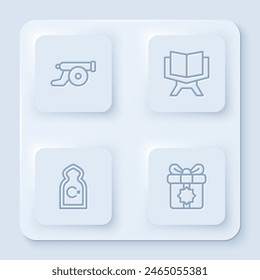 Set line Ramadan cannon, Holy book of Koran, Muslim Mosque and Gift box. White square button. Vector