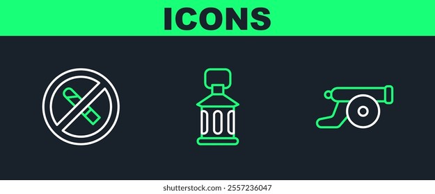 Set line Ramadan cannon, No Smoking and Kareem lantern icon. Vector