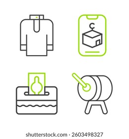 Set line Ramadan drum, Donate or pay your zakat, Star and crescent and Shirt kurta icon. Vector