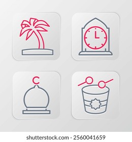 Set line Ramadan drum, Muslim Mosque, Clock and Tropical palm tree icon. Vector