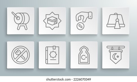 Set line Ramadan fasting, Kaaba mosque, Holy book of Koran, Muslim Mosque, Star and crescent, Donate pay your zakat, Turkish hat and drum icon. Vector