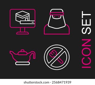 Set line Ramadan fasting, Oil lamp, Muslim woman niqab and Kaaba mosque icon. Vector