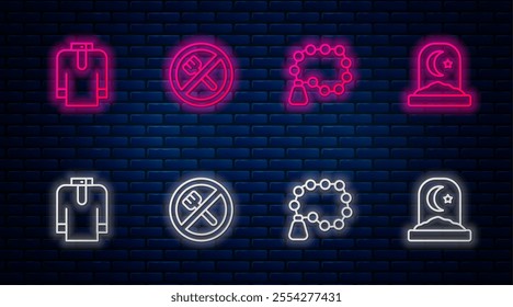 Set line Ramadan fasting, Rosary beads religion, Shirt kurta and Muslim cemetery. Glowing neon icon on brick wall. Vector