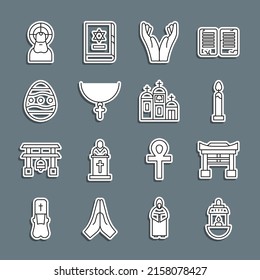 Set line Ramadan Kareem lantern, Japan Gate, Burning candle, Hands praying position, Christian cross chain, Easter egg, Jesus and Church building icon. Vector
