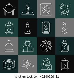 Set line Ramadan Kareem lantern, Perfume, Lute, Speaker mute, Mosque tower or minaret, Donate pay your zakat, Table food and Star and crescent icon. Vector