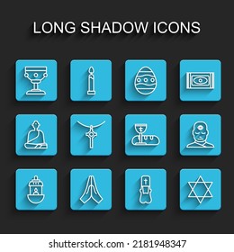 Set line Ramadan Kareem lantern, Hands in praying position, Christian chalice, Priest, Star of David, cross chain, Man with third eye and First communion symbols icon. Vector