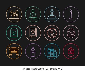 Set line Ramadan Kareem lantern, Easter egg, Tombstone with cross, Holy book of Koran, RIP written, Burning candles, Yin Yang and Buddhist monk icon. Vector