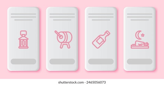 Set line Ramadan Kareem lantern, drum, Bottle of water and Muslim man prays. White rectangle button. Vector