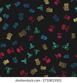 Set line Ramadan Kareem lantern, Muslim man prays, Medieval goblet and Tropical palm tree on seamless pattern. Vector