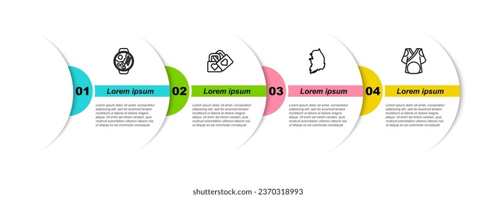 Set line Ramen, Lock with heart, South Korea map and Kimono. Business infographic template. Vector