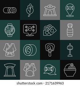 Set line Ramen, N Seoul tower in South Korea, Korean lantern, temple, Location, Sushi and Lock with heart icon. Vector