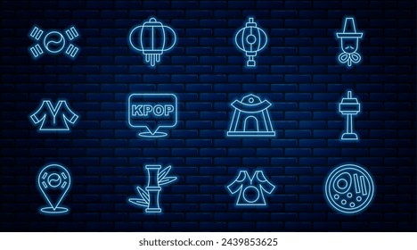 Set line Ramen, N Seoul tower in South Korea, Korean lantern, K-pop, Kimono, flag, temple and  icon. Vector