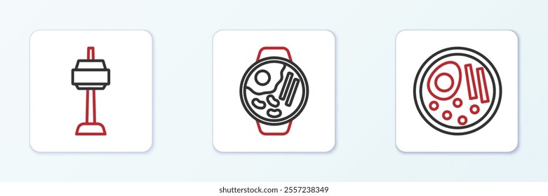 Set line Ramen, N Seoul tower in South Korea and  icon. Vector