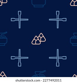 Set line Ramen soup bowl, Food chopsticks and Zongzi in bamboo steamer on seamless pattern. Vector