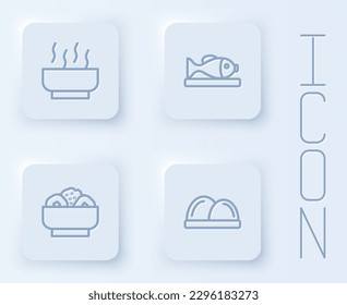 Set line Ramen soup bowl, Served fish on plate, Chow mein and Sushi. White square button. Vector