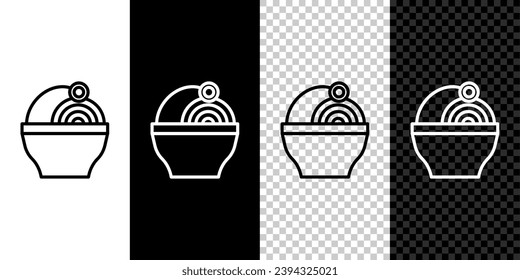 Set line Ramen soup bowl with noodles icon isolated on black and white, transparent background. Bowl of traditional asian noodle soup.  Vector