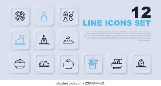 Set line Ramen soup bowl, Chinese tea egg, Bottle of sake, Asian noodles paper box, Roasted turkey or chicken, Sushi, Soy sauce bottle and Rice icon. Vector