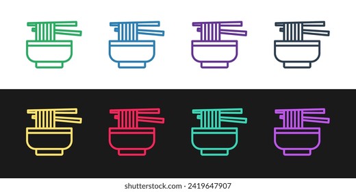 Set line Ramen soup bowl with noodles icon isolated on black and white background. Bowl of traditional asian noodle soup.  Vector