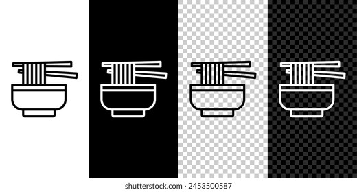 Set line Ramen soup bowl with noodles icon isolated on black and white, transparent background. Bowl of traditional asian noodle soup.  Vector