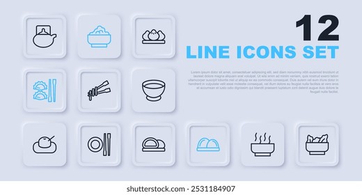 Set line Ramen soup bowl, Wonton, Food chopsticks with noodles, Sushi, Dumpling, plate, Rice and  icon. Vector