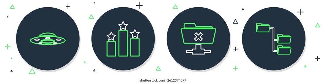 Set line Ranking star, FTP cancel operation, UFO flying spaceship and Folder tree icon. Vector