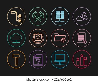 Set line Ranking star, Unknown document, Server, Data, Web Hosting, Police badge, Network cloud connection, Folder tree, directory and Two crossed hammers icon. Vector