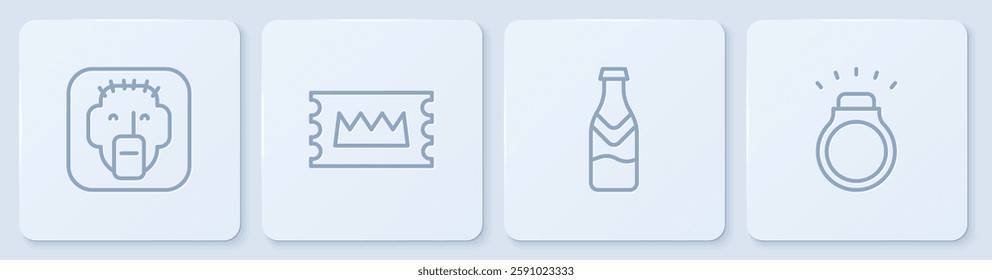 Set line Rapper, Beer bottle, Concert ticket and Diamond ring. White square button. Vector