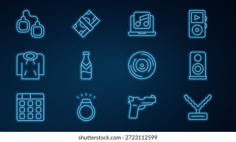 Cadena de rapero, altavoz estéreo, portátil con música, botella de cerveza, sudadera con capucha, esposas, disco de vinilo y icono de dinero en efectivo de papel Stacks. Vector