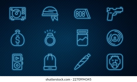 Set line Rapper, Vinyl disk, Drum machine music, Diamond ring, Money bag, player with vinyl, Plastic of drug and Bandana icon. Vector