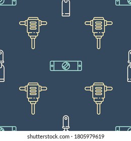 Set line Rasp metal file, Electric rotary hammer drill and Construction bubble level on seamless pattern. Vector