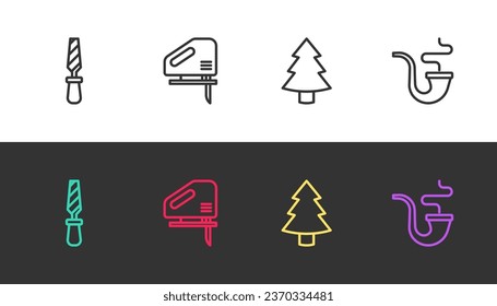 Set line Rasp metal file, Electric jigsaw, Christmas tree and Smoking pipe on black and white. Vector