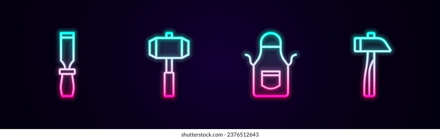 Set line Rasp metal file, Sledgehammer, Blacksmith apron and Hammer. Glowing neon icon. Vector