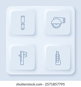 Set line Rasp metal file, Electric circular saw, Calliper or caliper and scale and Stationery knife. White square button. Vector