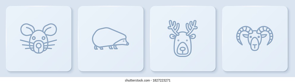 Set line Rat head, Deer with antlers, Hedgehog and Head of goat or ram. White square button. Vector