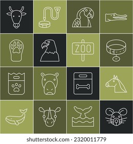 Set line Rat head, Horse, Collar with name tag, Macaw parrot, Eagle, Paw print, Cow and Zoo park icon. Vector