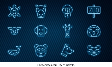 Set line Rat head, Owl bird, Jellyfish, Dog, Pig, Turtle, Giraffe and Hippo or Hippopotamus icon. Vector