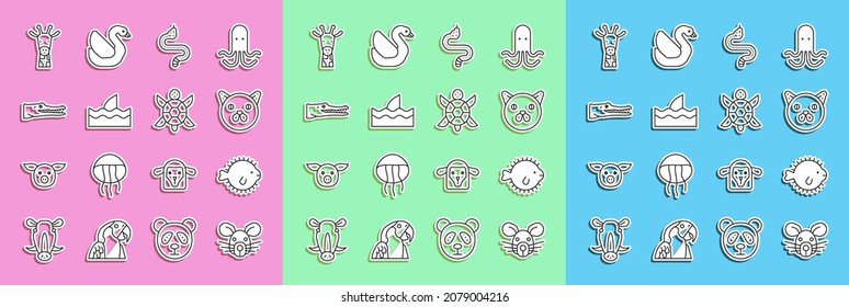 Set line Rat head, Puffer fish, Cat, Snake, Shark fin in ocean wave, Crocodile, Giraffe and Turtle icon. Vector