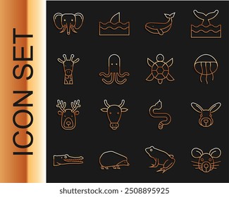 Cabeza de rata, conejo, medusa, ballena, pulpo, jirafa, elefante y tortuga icono. Vector