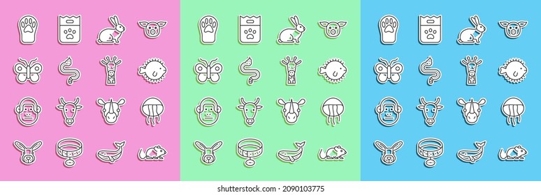 Set line Rat, Jellyfish, Puffer, Rabbit, Snake, Butterfly, Paw print and Giraffe head icon. Vector