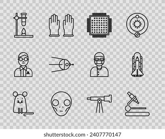 Set line Rat, Microscope, Processor, Extraterrestrial alien face, Glass test tube flask on fire heater, Satellite, Telescope and Space shuttle and rockets icon. Vector
