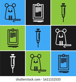 Set line Rat, Syringe and Clipboard with document icon. Vector