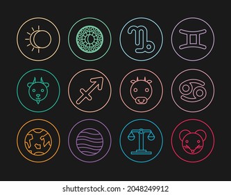 Set line Rat zodiac, Cancer, Capricorn, Sagittarius, Aries, Eclipse of the sun, Ox and Astrology horoscope circle icon. Vector