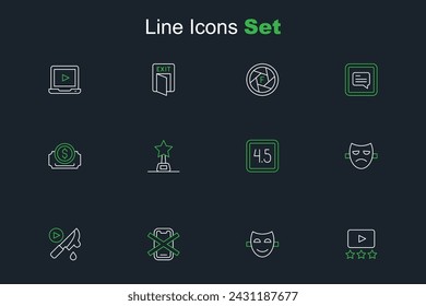 Set line Rating movie, Comedy theatrical mask, No cell phone, Thriller, Drama, Movie trophy and Cinema ticket icon. Vector