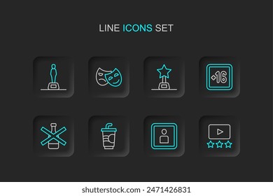 Set line Rating movie, Play Video, Paper glass with water, No alcohol, Plus 16, Movie trophy, Comedy and tragedy masks and  icon. Vector