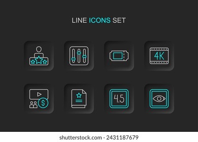 Set line Rating movie, Scenario, Cinema auditorium with screen, 4k, ticket, Sound mixer controller and Actor star icon. Vector