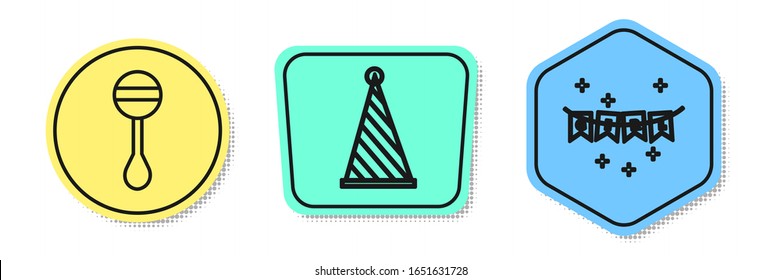 Set line Rattle baby toy, Party hat and Carnival garland with flags. Colored shapes. Vector