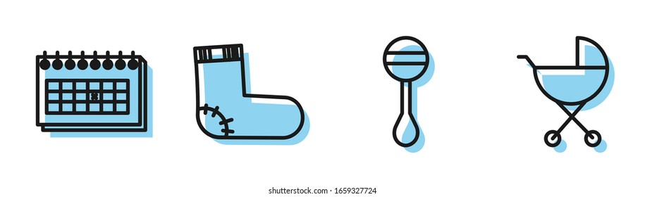 Set line Rattle baby toy, Calendar, Baby socks clothes and Baby stroller icon. Vector