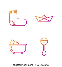 Set line Rattle baby toy, Baby bathtub, Baby socks clothes and Folded paper boat. Gradient color icons. Vector