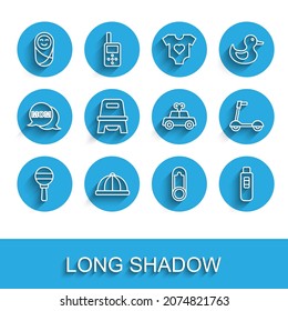 Set line Rattle baby toy, Baby hat, Newborn infant swaddled, clothes pin, Pregnancy test, potty, Roller scooter and Toy car icon. Vector