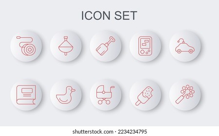 Set line Rattle baby toy, Book, Shovel, Ice cream, Yoyo, Whirligig, Rubber duck and Baby stroller icon. Vector